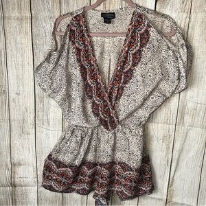 Boho V-Neck Blouse in Cream and Red